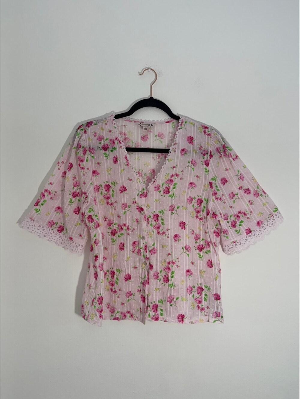 Nanette Lepore Floral Cotton Lace Trim Button Front Cottagecore Blouse Top Pink - Picture 2 of 7